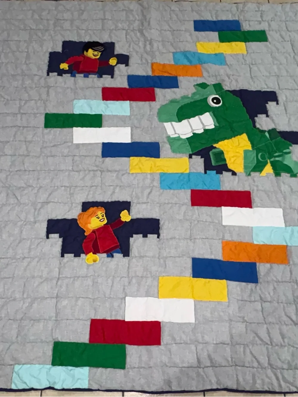 Pottery Barn Kids Lego Grey Quilt with Green Dinosaur and Multicolor Brick